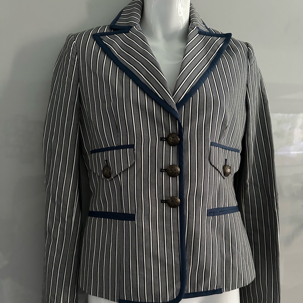 BCBG Black and White Pinstripe Blazer with Notched Lapels